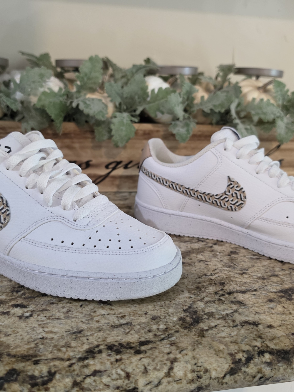 Nike White Leather Sneakers with Leopard-Print Swoosh